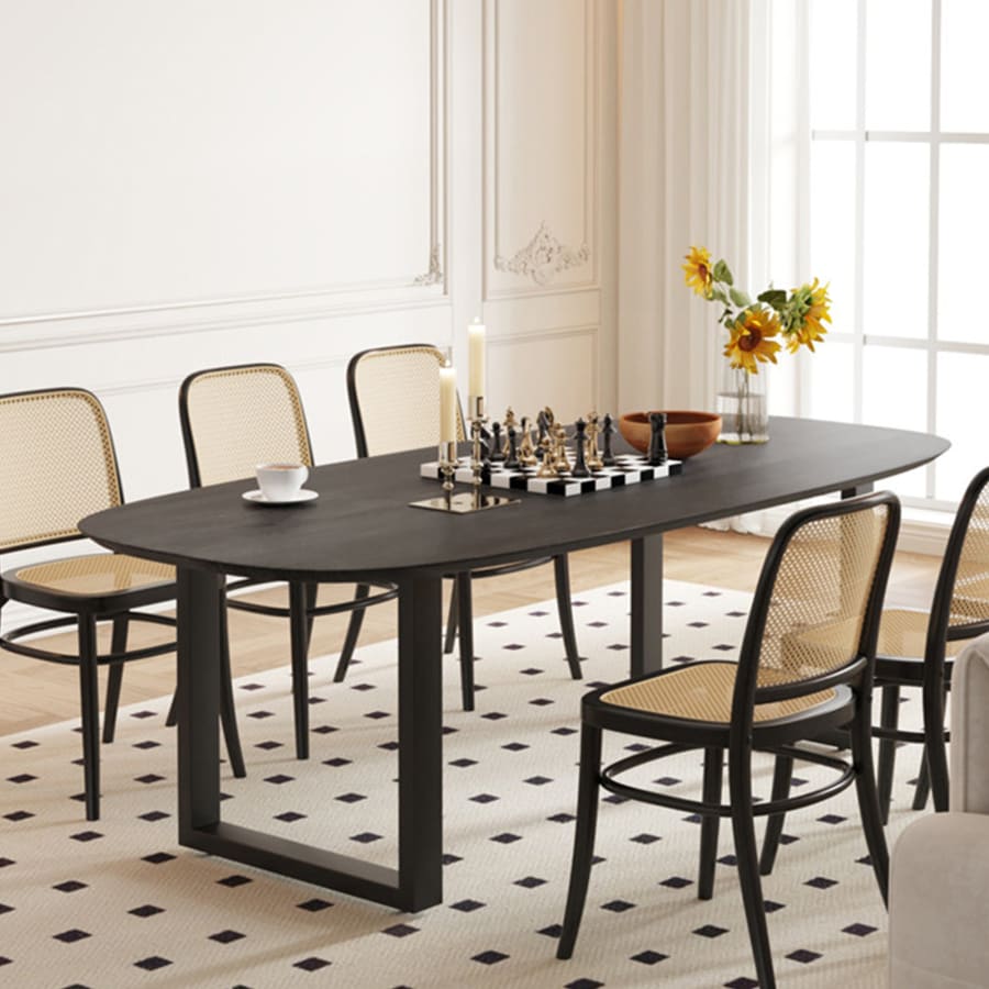 Table &agrave; manger ovale en bois de manguier noir pieds en m&eacute;tal noir 220 cm